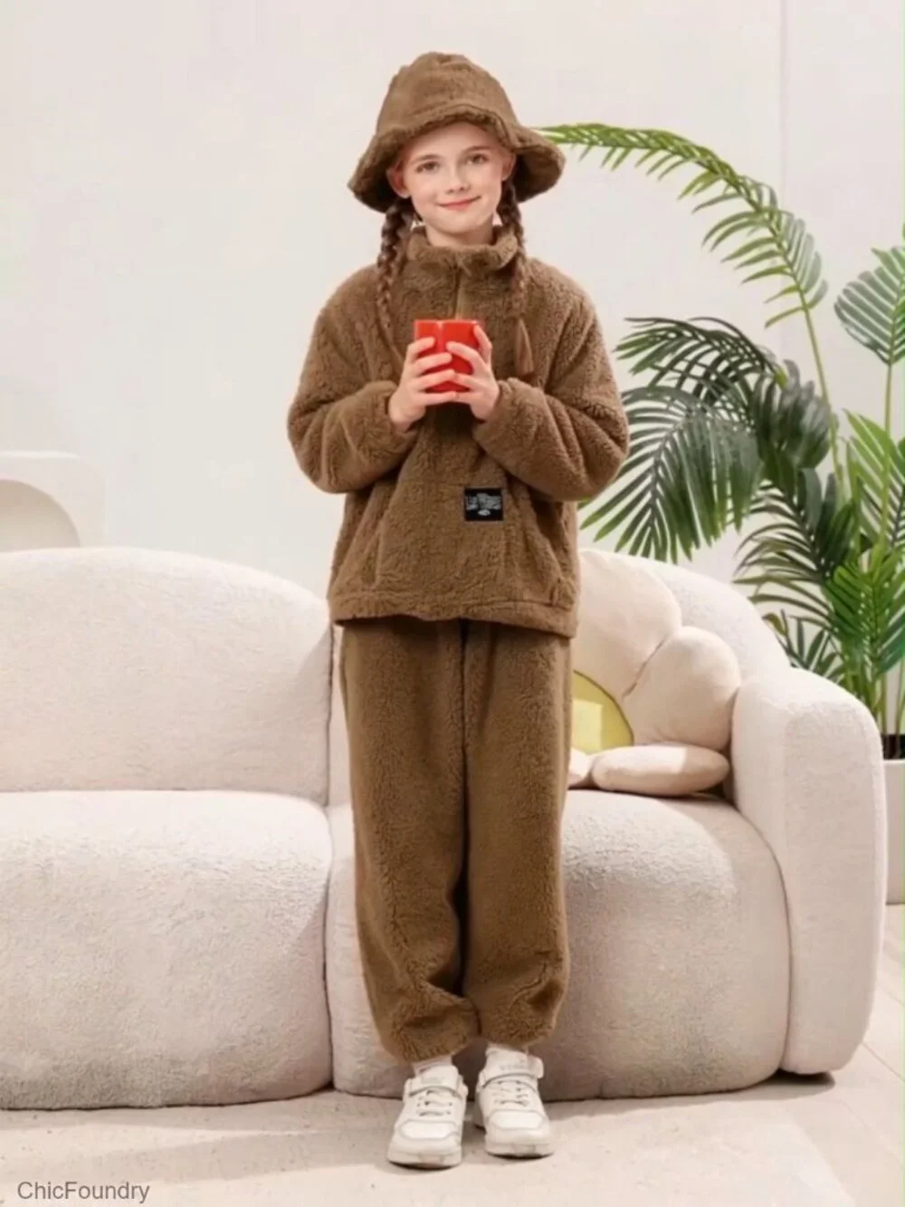 Girls 3 Piece Fuzzy Fleece Pants Set with Quarter-Zip and Hat